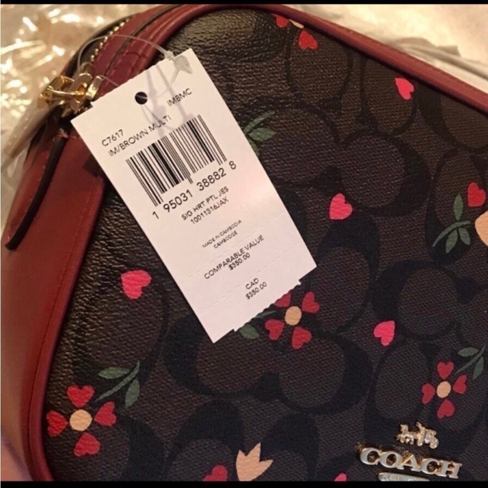 Coach Jes Red Leather Crossbody In Signature Canvas With Heart Petal Print - Picture 6 of 11